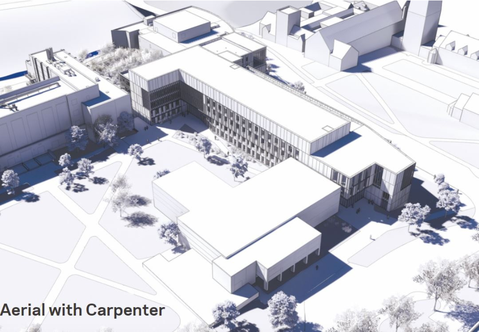 Aerial view of planned Engineering Quad Library with Carpenter Hall