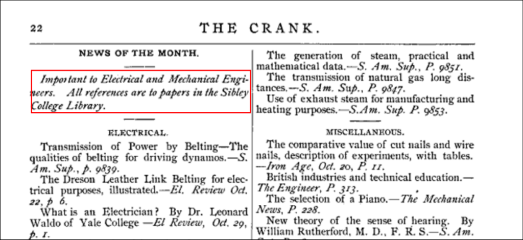 Excerpt from The Crank referencing the Engineering Library, 1888