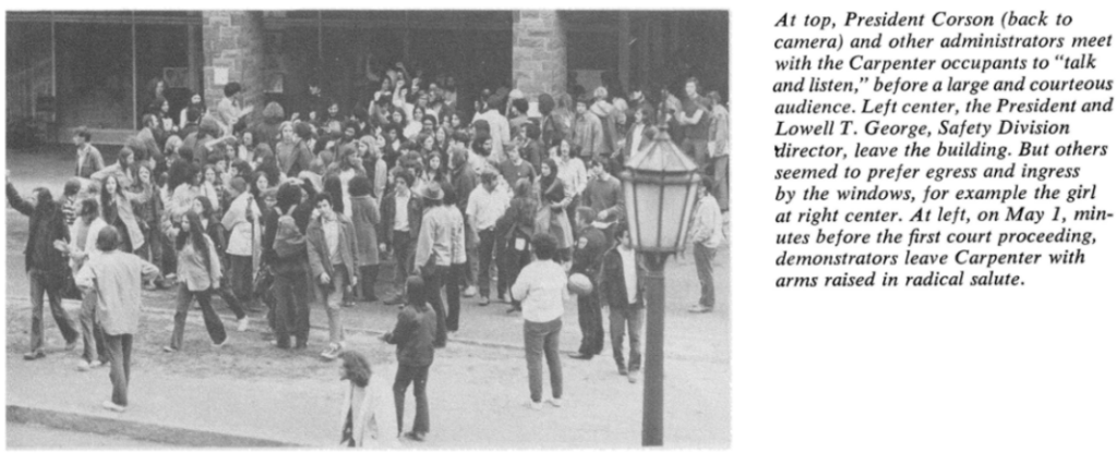 News article clipping depicting audience gathering outside Carpenter Hall takeover